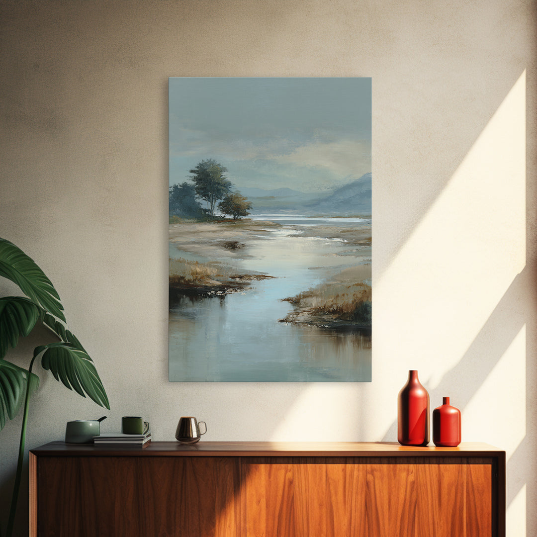 Misty Lake Scene Framed Canvas Print, Bathroom Art, Textured Painting, Bathroom Decor, Fine Art, Spa, Bathroom Wall Art, BAT-2x3-17