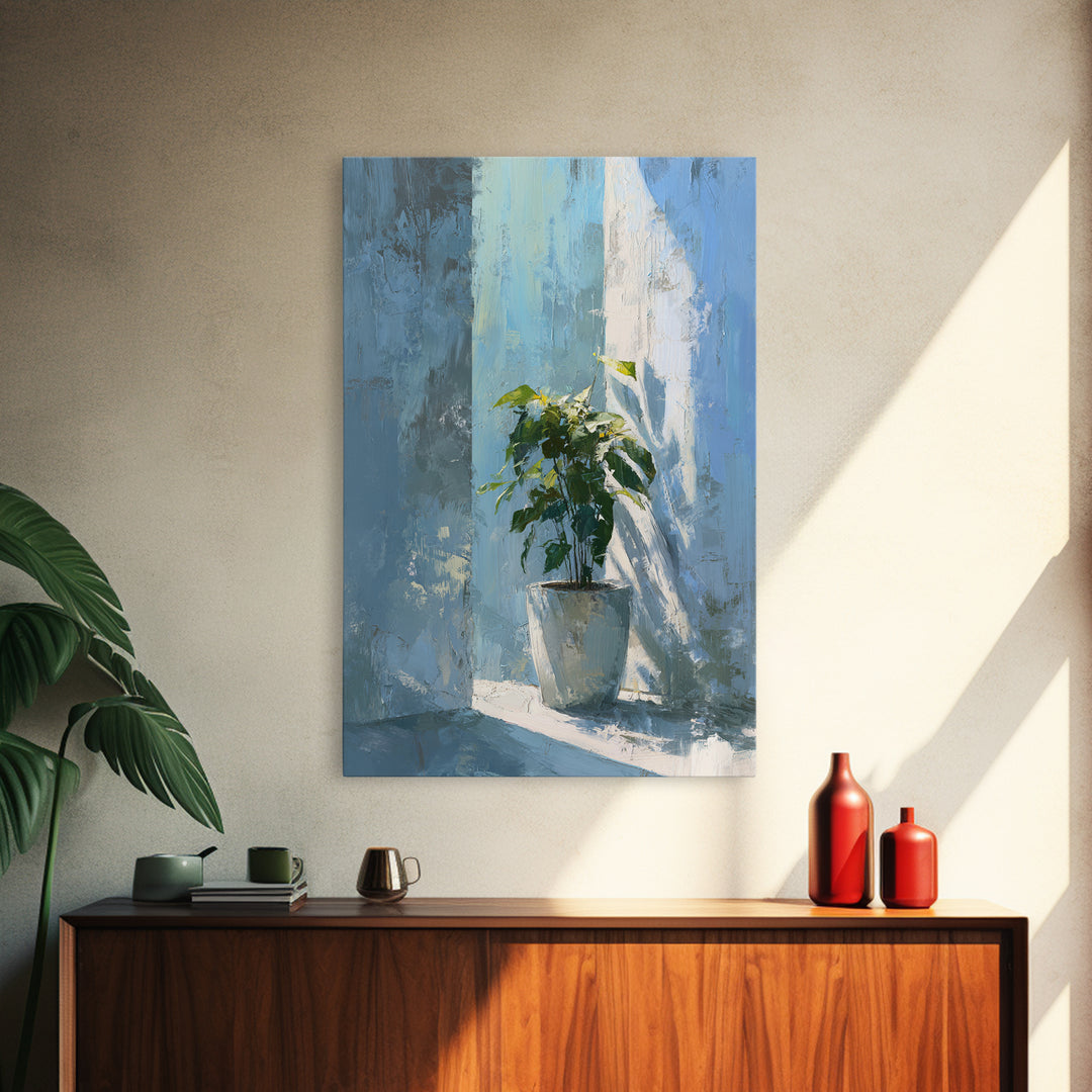 Sunlit Window Plant Shadow on Plaster Framed Canvas Print, Bathroom Art, Gallery Decor, Bathroom Decor, Abstract Art, Spa, BAT-2x3-2