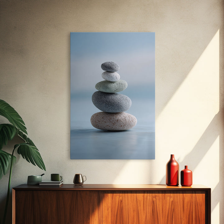 Monochrome Pebble Stack Framed Canvas Print, Bathroom Art, Boho Decor, Bathroom Decor, Oil Painting, Spa, Printable, BAT-2x3-21