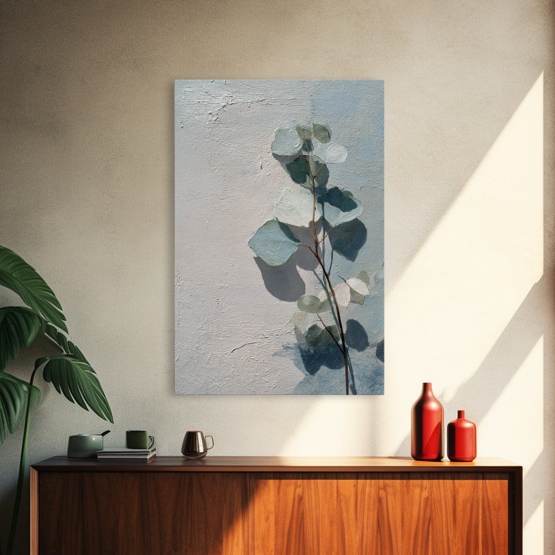 Sunlit Window Plant Shadow on Plaster Framed Canvas Print, Bathroom Art, Gallery Decor, Bathroom Decor, Abstract Art, Spa, BAT-2x3-26
