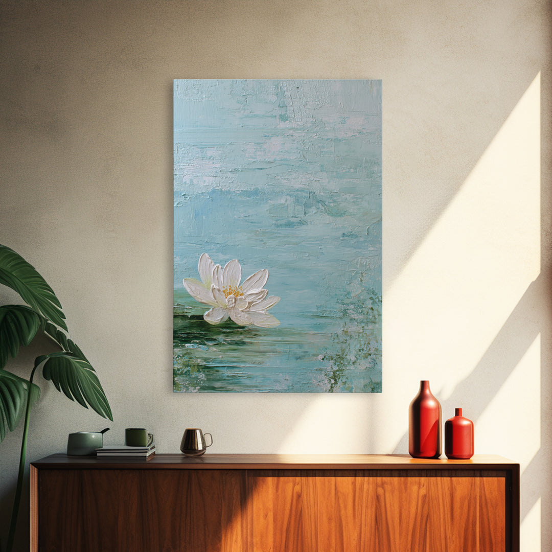Lotus Flower Floating on Calm Water Framed Canvas Print, Bathroom Art, Printable Wall Art, Bathroom Decor, Oil Painting, Spa, BAT-2x3-28