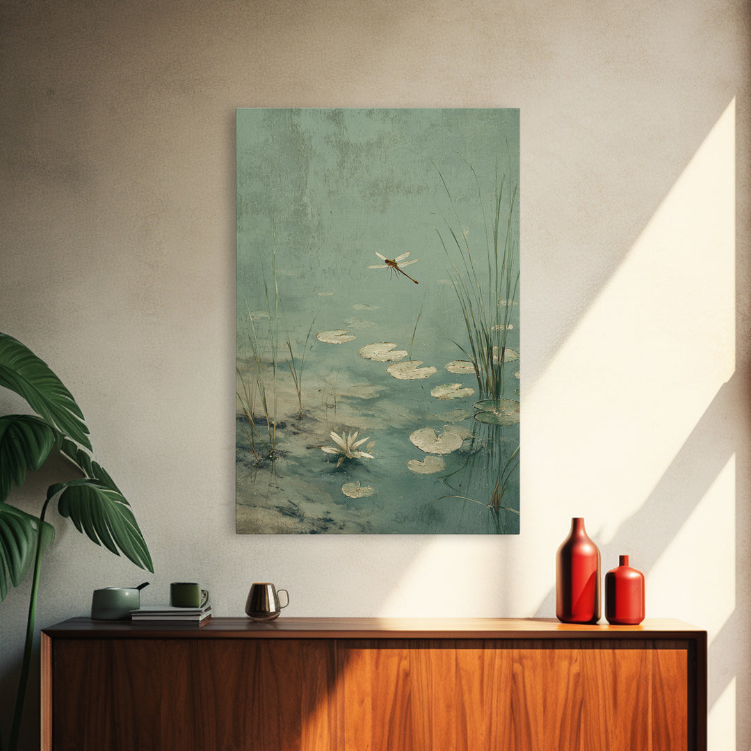 Delicate Dragonfly Above a Pond Surface Canvas Print, Bathroom Art, Bathroom Wall Decor, Bathroom Decor, Fine Art, Spa, BAT-2x3-32