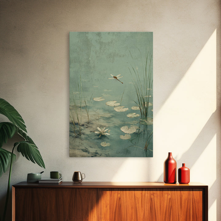 Delicate Dragonfly Above a Pond Surface Canvas Print, Bathroom Art, Bathroom Wall Decor, Bathroom Decor, Fine Art, Spa, BAT-2x3-32