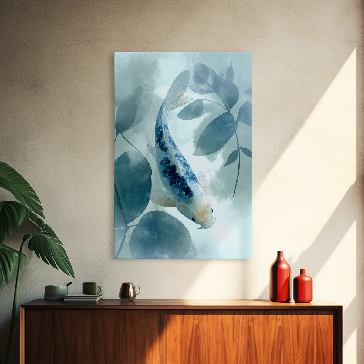 Minimal Koi Fish Swimming Through Clear Water Canvas Print, Bathroom Art, Minimalist Wall Art, Bathroom Decor, Fine Art, Spa, BAT-2x3-40
