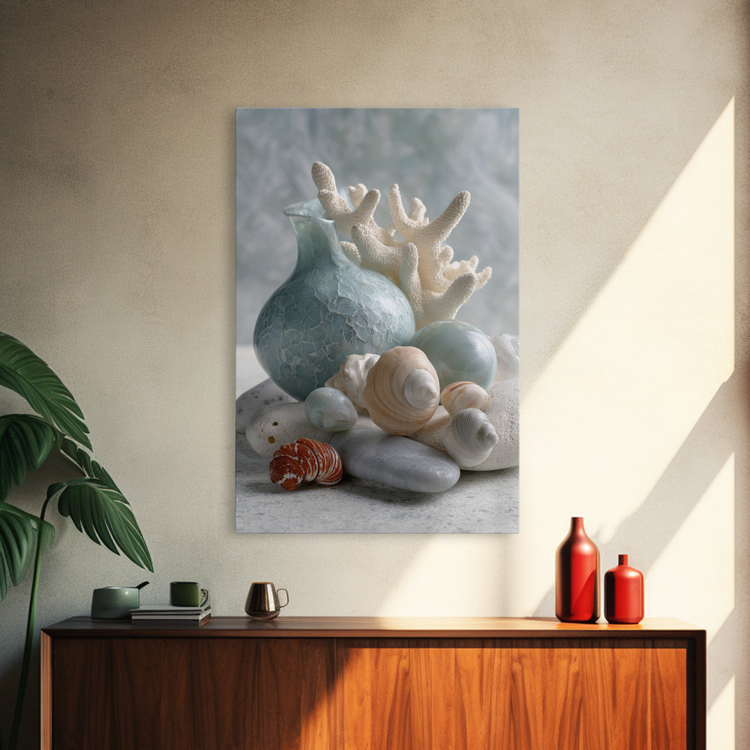 Coral and Shell Arrangement Framed Canvas Print, Bathroom Art, Neutral Decor, Bathroom Decor, Fine Art, Spa, Wall Art, BAT-2x3-43