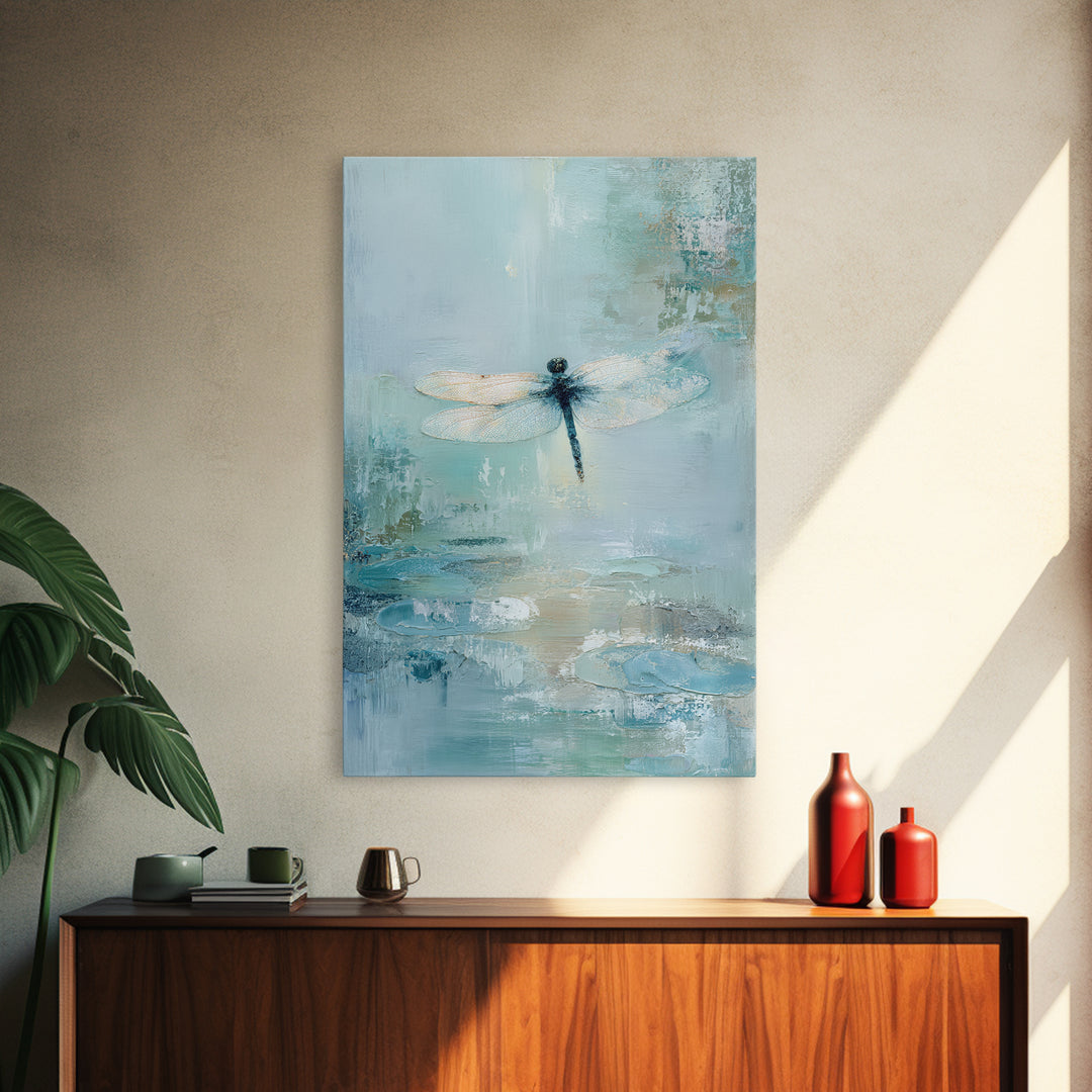 Delicate Dragonfly Above a Pond Surface Framed Canvas Print, Bathroom Art, Modern Art, Bathroom Decor, Fine Art, Spa, BAT-2x3-56