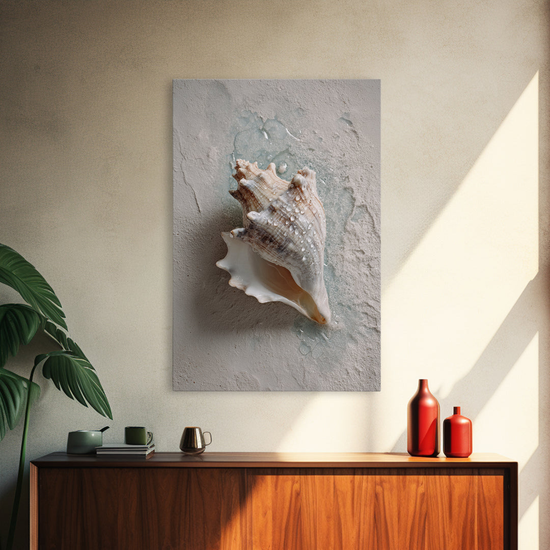 Minimal Seashell Still Life on Pale Sand Framed Canvas Print, Bathroom Art, Boho Decor, Bathroom Decor, Oil Painting, Spa, BAT-2x3-59