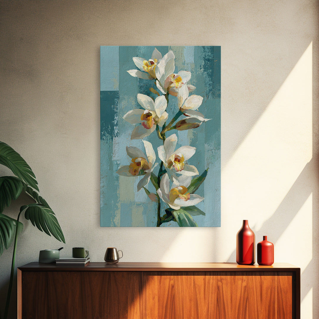 White Orchid on Warm Stone Background Framed Canvas Print, Bathroom Art, Statement Artwork, Bathroom Decor, Fine Art, Spa, BAT-2x3-60