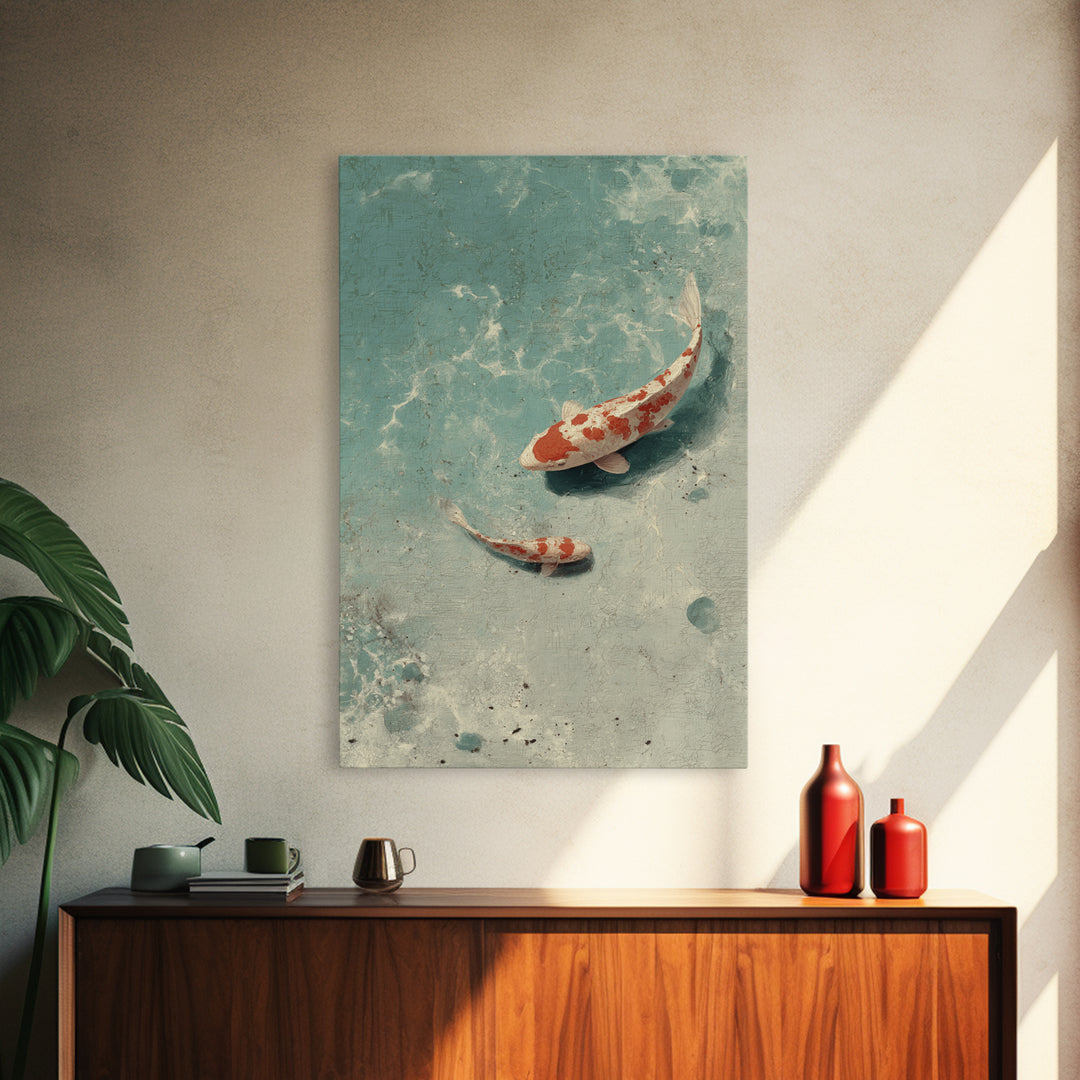 Minimal Koi Fish Swimming Through Clear Water Framed Canvas Print, Bathroom Art, Gallery Decor, Bathroom Decor, Fine Art, Spa, BAT-2x3-64