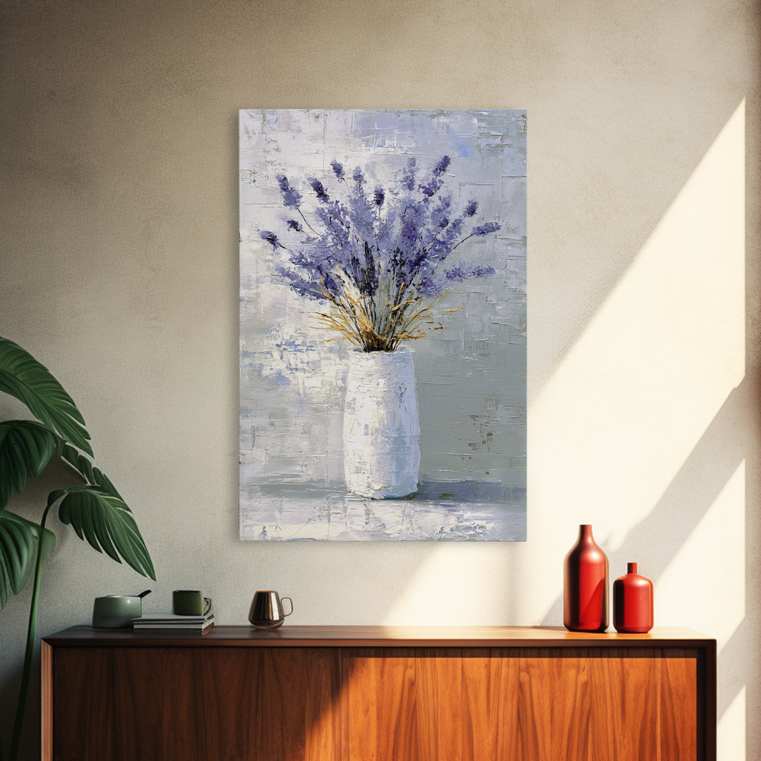 Lavender Sprigs in a Ceramic Vase Framed Canvas Print, Bathroom Art, Minimalist Decor, Bathroom Decor, Fine Art, Spa, BAT-2x3-68