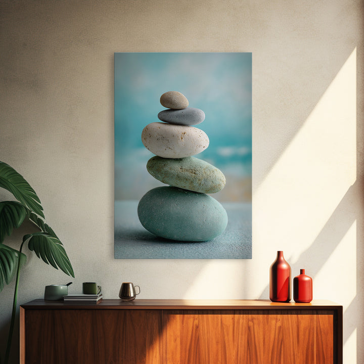 Monochrome Pebble Stack Framed Canvas Print, Bathroom Art, Digital Art, Bathroom Decor, Fine Art, Spa, Dopamine Decor, BAT-2x3-69