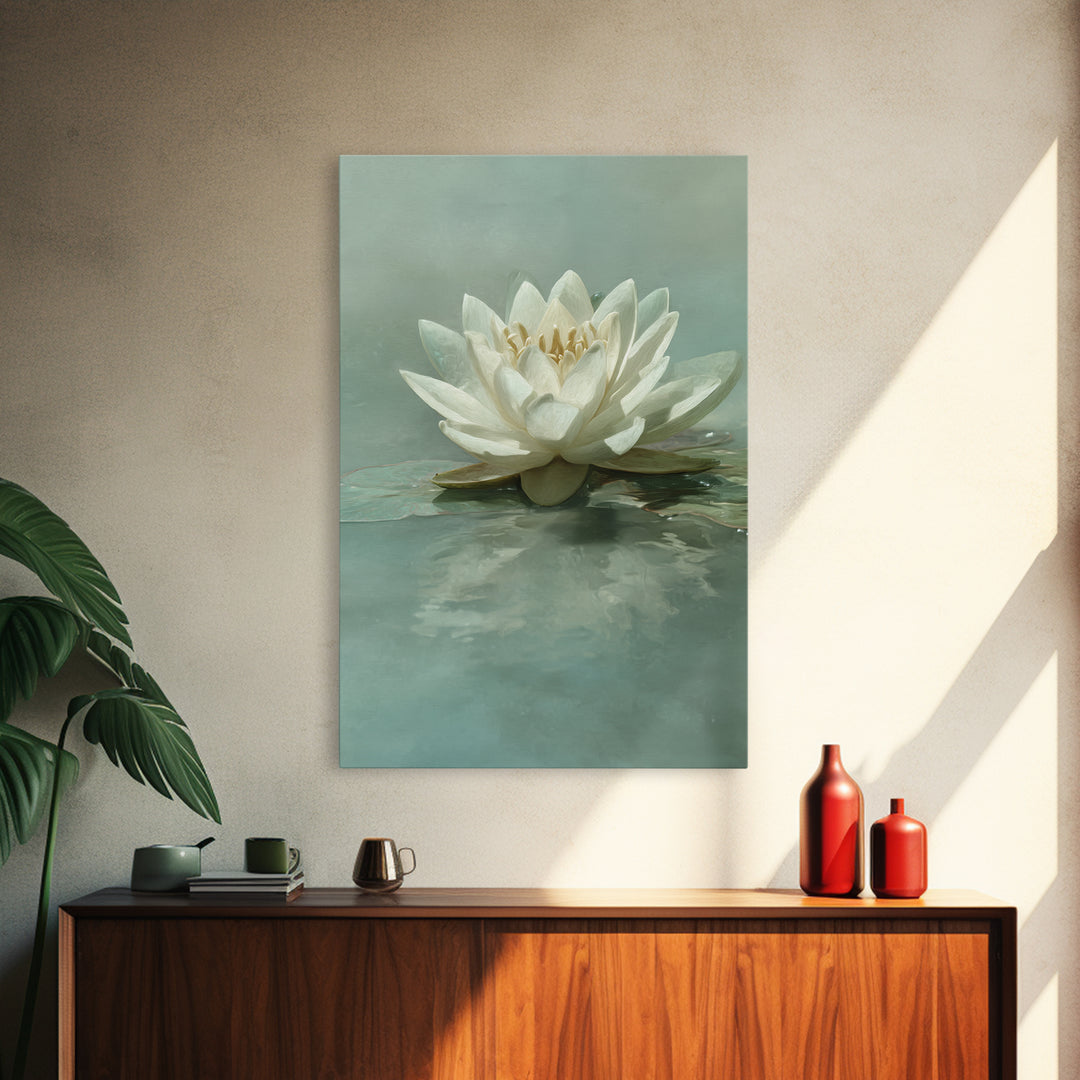 Lotus Flower Floating on Calm Water Framed Canvas Print, Bathroom Art, Digital Wall Art, Bathroom Decor, Fine Art, Spa, BAT-2x3-76