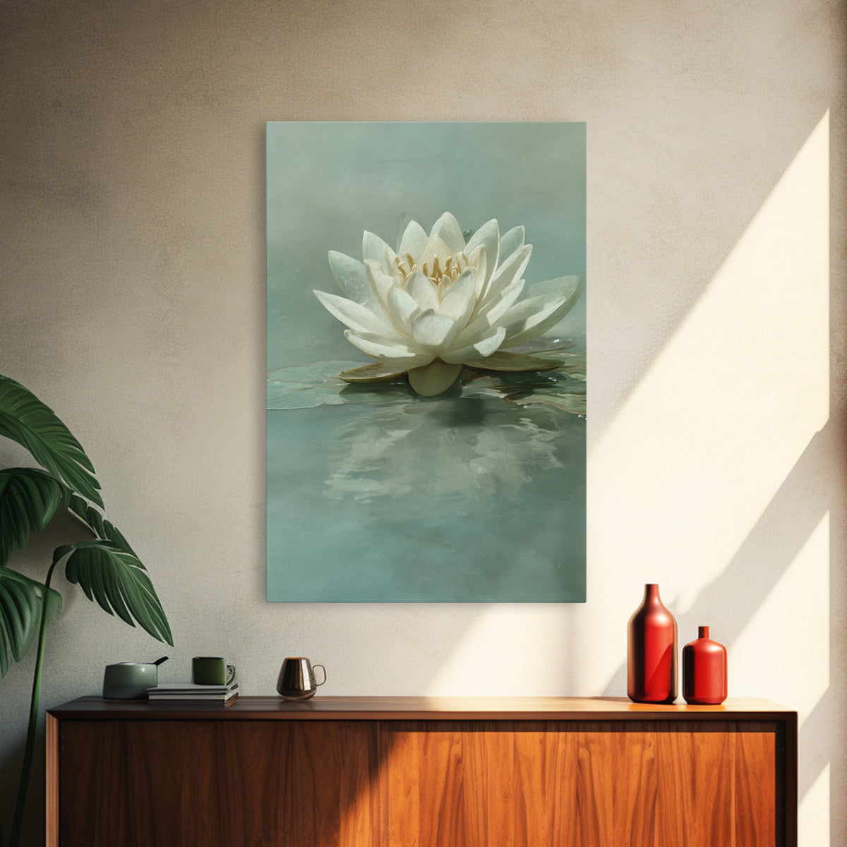 Lotus Flower Floating on Calm Water Framed Canvas Print, Bathroom Art, Digital Wall Art, Bathroom Decor, Fine Art, Spa, BAT-2x3-76