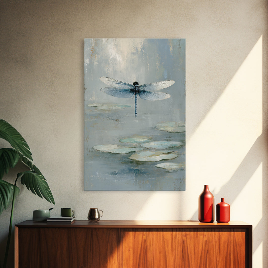 Delicate Dragonfly Above a Pond Surface Framed Canvas Print, Bathroom Art, Framed Wall Art, Bathroom Decor, Oil Painting, Spa, BAT-2x3-8