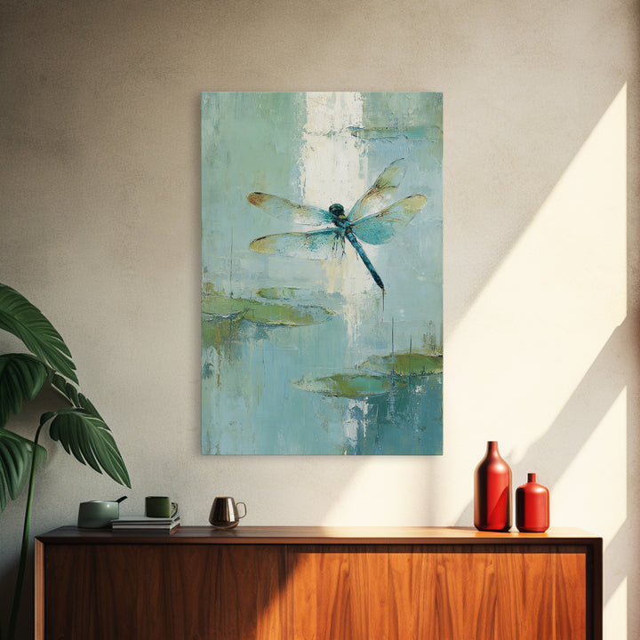 Delicate Dragonfly Above a Pond Surface Framed Canvas Print, Bathroom Art, Fine Art Print, Bathroom Decor, Fine Art, Spa, BAT-2x3-80