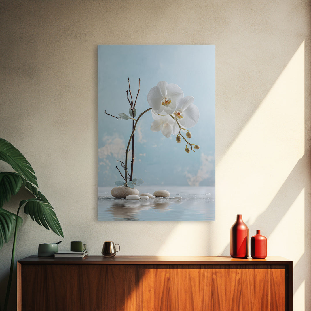 White Orchid on Warm Stone Background Framed Canvas Print, Bathroom Art, Canvas Wall Art, Bathroom Decor, Fine Art, Spa, BAT-2x3-84