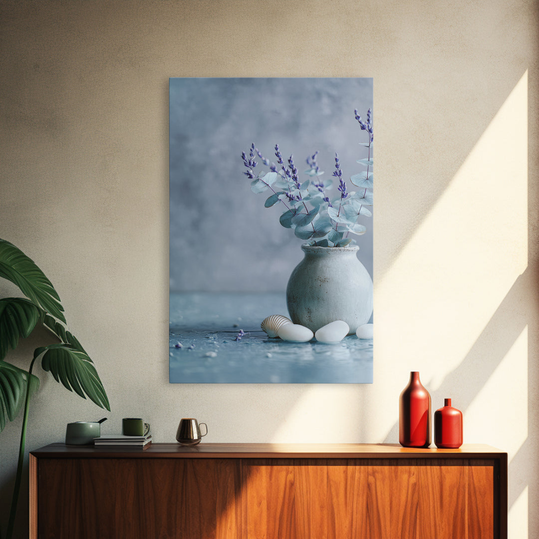 Lavender Sprigs in a Ceramic Vase Framed Canvas Print, Bathroom Art, Retro Wall Art, Bathroom Decor, Abstract Art, Spa, BAT-2x3-92