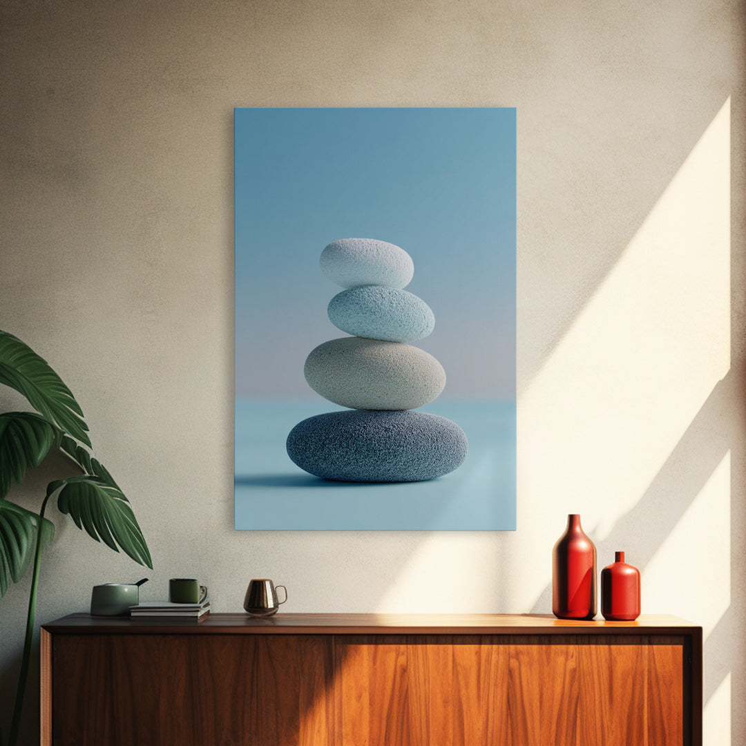 Monochrome Pebble Stack Framed Canvas Print, Bathroom Art, Digital Art, Bathroom Decor, Fine Art, Spa, Dopamine Decor, BAT-2x3-93