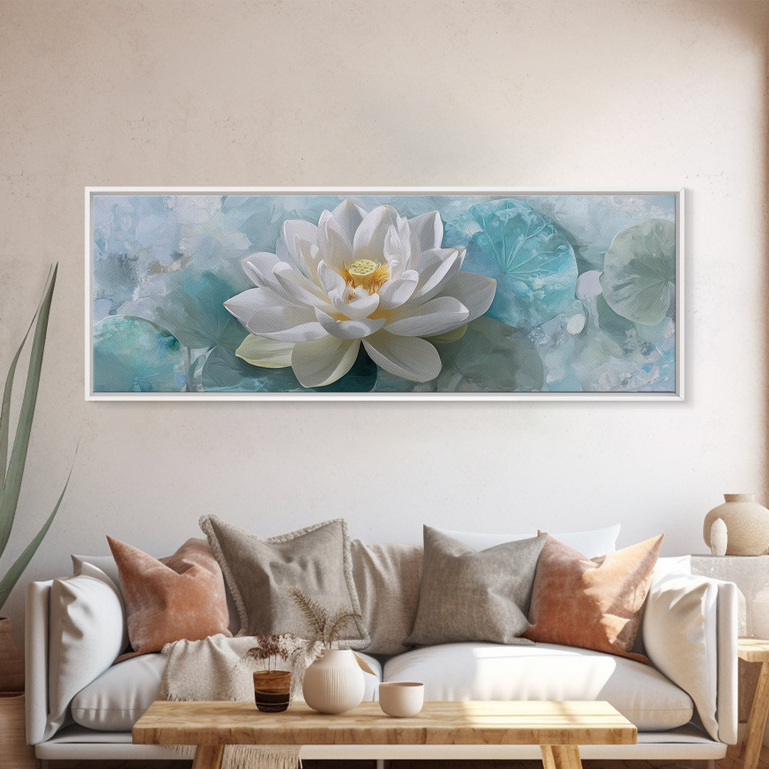 Lotus Flower Floating on Calm Water Framed Canvas Print, Bathroom Art, Modern Art, Bathroom Decor, Spa, Statement Artwork, BAT-3x1-12