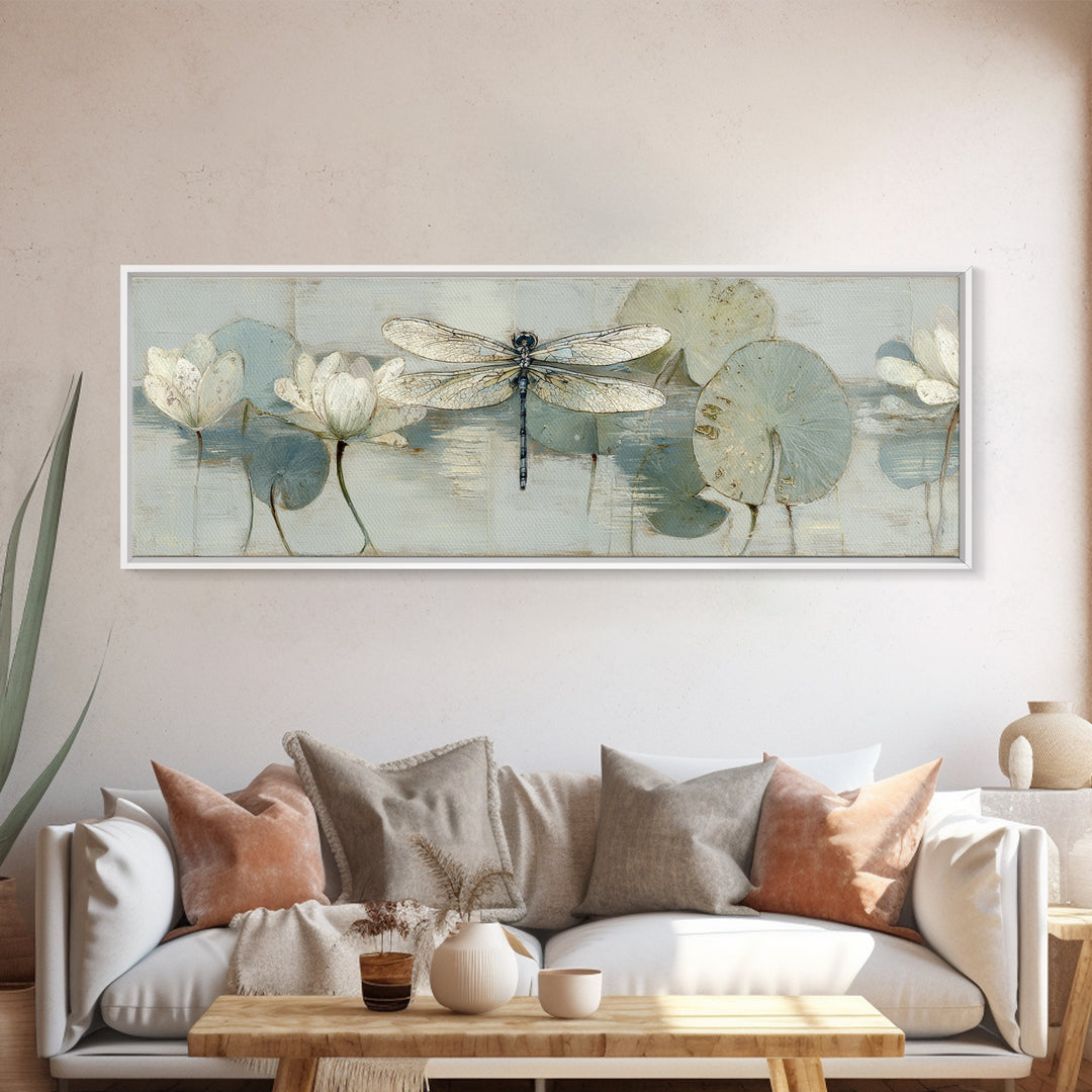 Delicate Dragonfly Above a Pond Surface Canvas Print, Bathroom Art, Unique Wall Art, Bathroom Decor, Spa, Gallery Decor, BAT-3x1-16