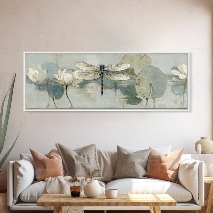 Delicate Dragonfly Above a Pond Surface Canvas Print, Bathroom Art, Unique Wall Art, Bathroom Decor, Spa, Gallery Decor, BAT-3x1-16