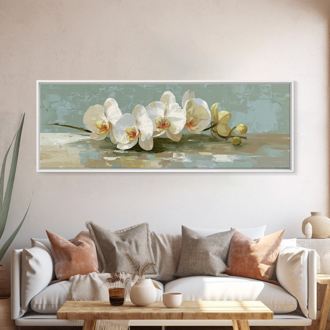 White Orchid on Warm Stone Background Canvas Print, Bathroom Art, Minimalist Wall Art, Bathroom Decor, Fine Art, Spa, BAT-3x1-20