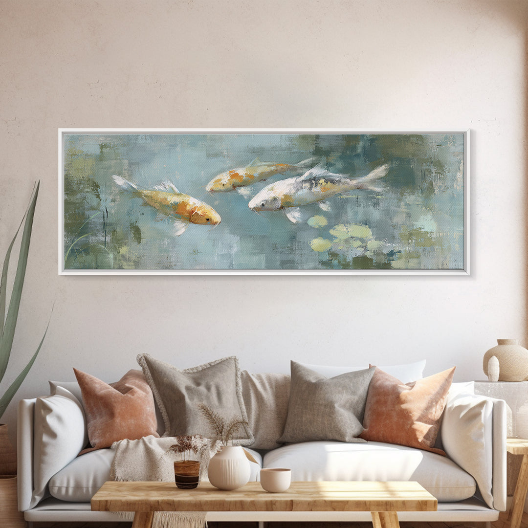 Minimal Koi Fish Swimming Through Clear Water Canvas Print, Bathroom Art, Bathroom Wallpaper, Bathroom Decor, Fine Art, Spa, BAT-3x1-24