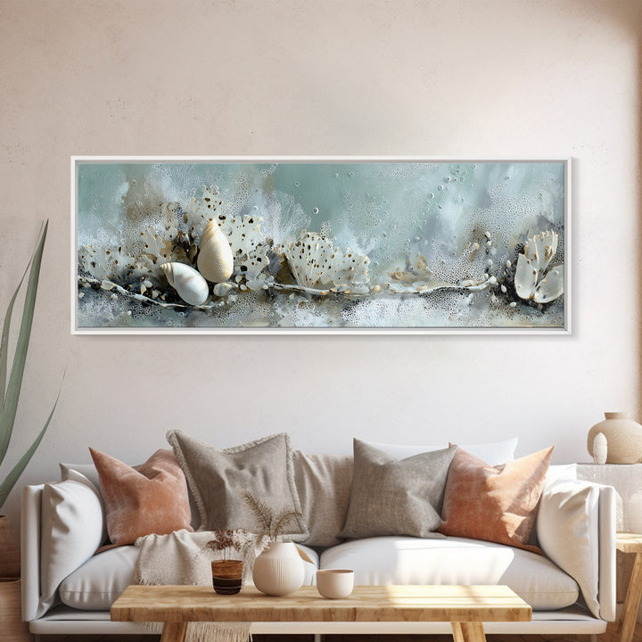 Coral and Shell Arrangement Framed Canvas Print, Bathroom Art, Modern Decor, Bathroom Decor, Fine Art, Spa, Home Decor, BAT-3x1-27