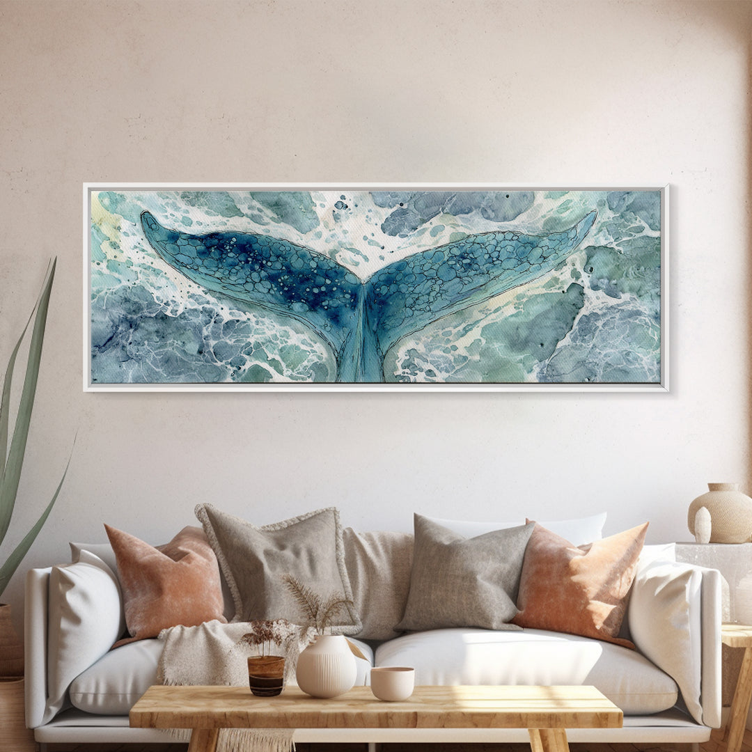 Watercolor Whale Tail Canvas Print, Bathroom Art, Fine Art Print, Bathroom Decor, Fine Art, Spa, Poster, Digital Art, BAT-3x1-31