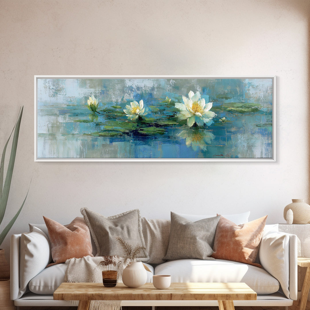 Lotus Flower Floating on Calm Water Canvas Print, Bathroom Art, Trendy Wall Art, Bathroom Decor, Fine Art, Spa, BAT-3x1-36