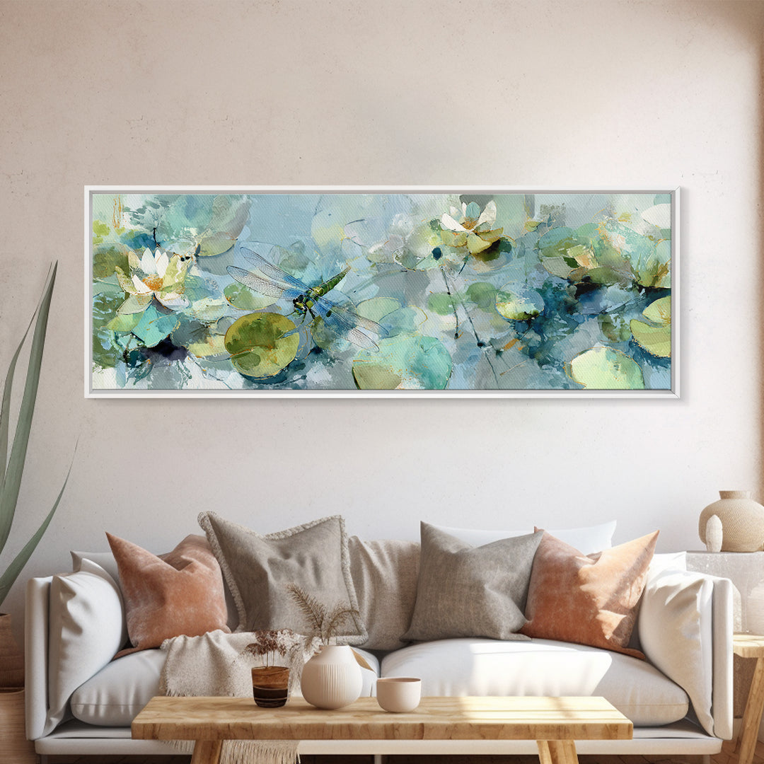 Delicate Dragonfly Above a Pond Surface Canvas Print, Bathroom Art, Bathroom Print, Bathroom Decor, Fine Art, Spa, BAT-3x1-40