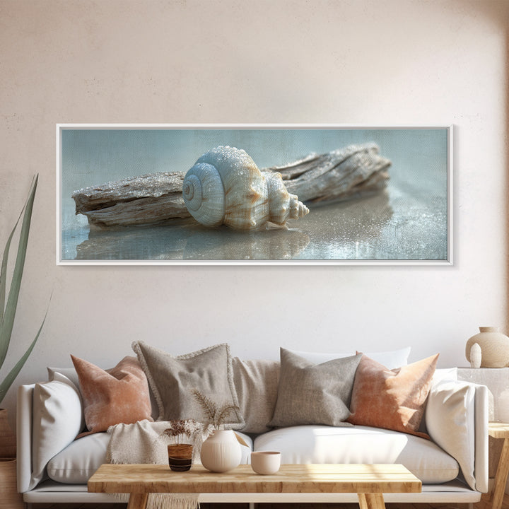 Minimal Seashell Still Life on Pale Sand Canvas Print, Bathroom Art, Minimalist Decor, Bathroom Decor, Fine Art, Spa, BAT-3x1-43