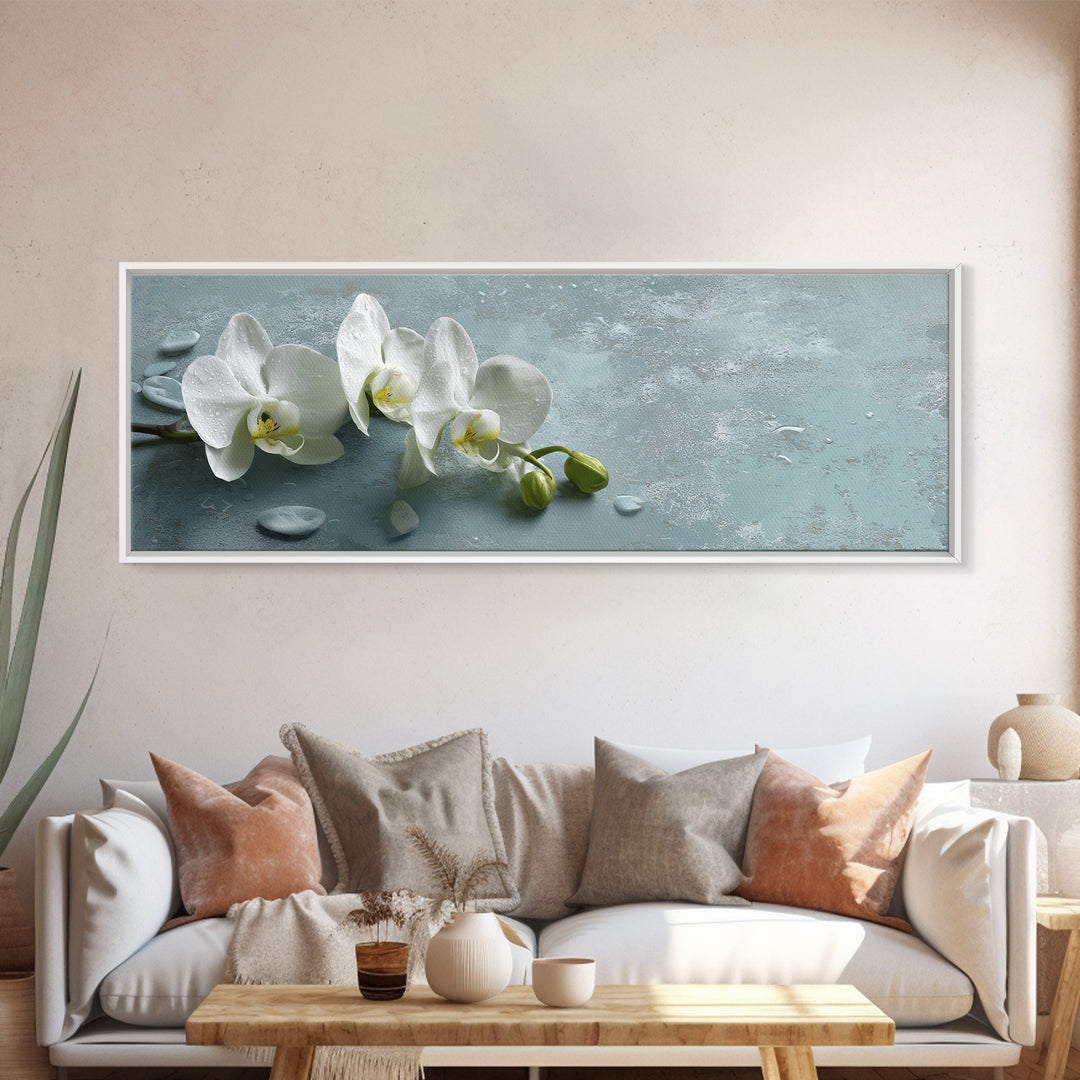 White Orchid on Warm Stone Background Framed Canvas Print, Bathroom Art, Gallery Decor, Bathroom Decor, Fine Art, Spa, BAT-3x1-44