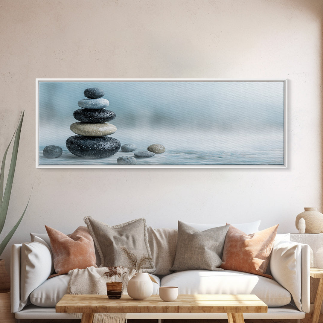 Monochrome Pebble Stack Framed Canvas Print, Bathroom Art, Poster, Bathroom Decor, Watercolor Art, Spa, Digital Print, BAT-3x1-5