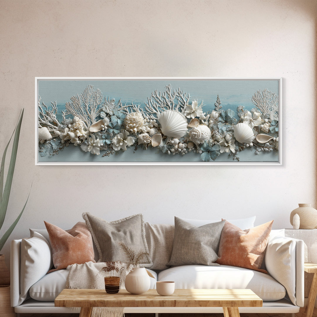 Coral and Shell Arrangement Framed Canvas Print, Bathroom Art, Wall Art, Bathroom Decor, Fine Art, Spa, Dog Portrait, BAT-3x1-51