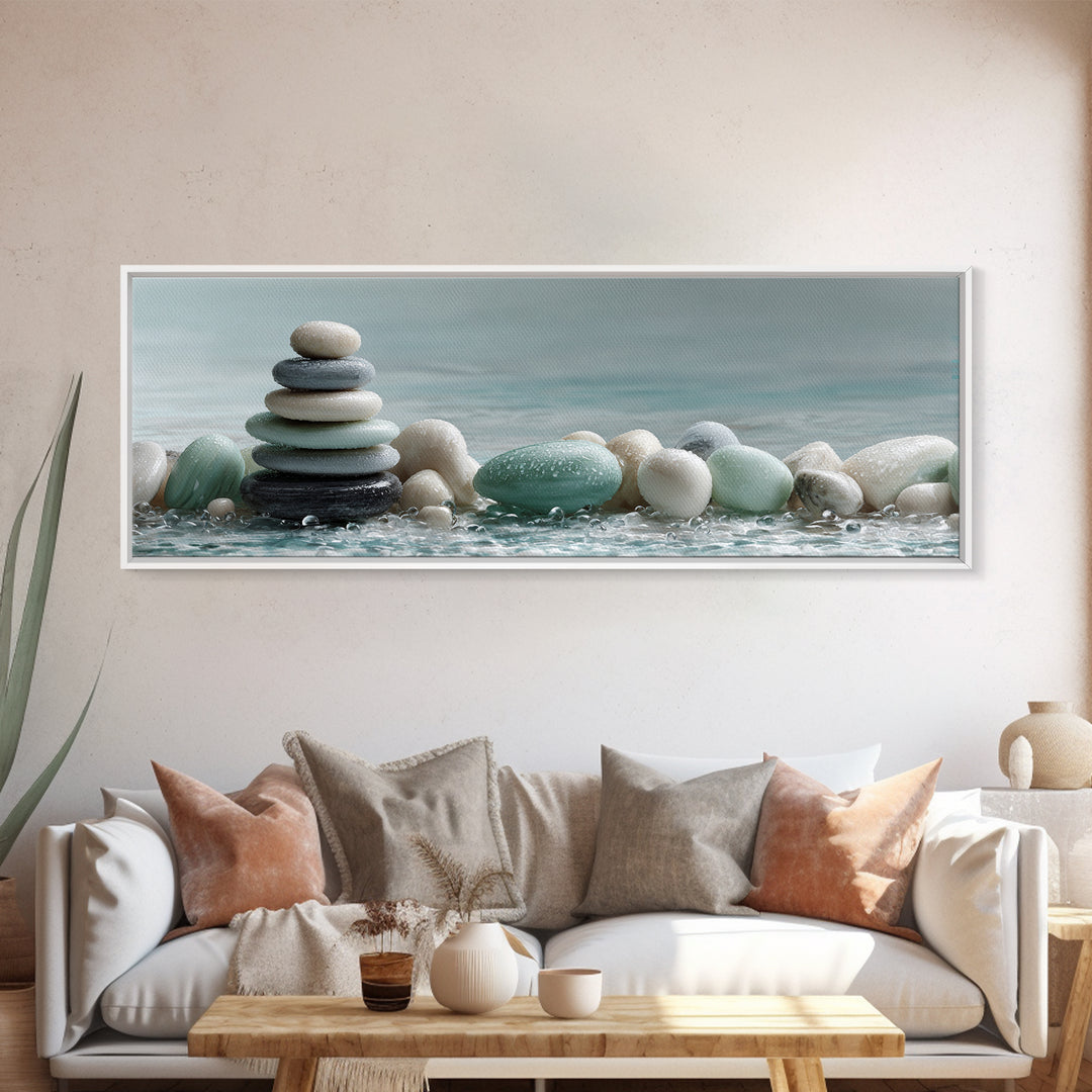 Monochrome Pebble Stack Framed Canvas Print, Bathroom Art, Canvas Wall Art, Bathroom Decor, Fine Art, Spa, Bathroom Wallpaper, BAT-3x1-53