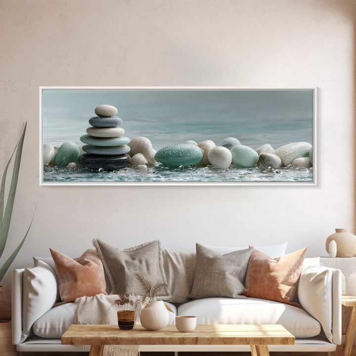 Monochrome Pebble Stack Framed Canvas Print, Bathroom Art, Canvas Wall Art, Bathroom Decor, Fine Art, Spa, Bathroom Wallpaper, BAT-3x1-53