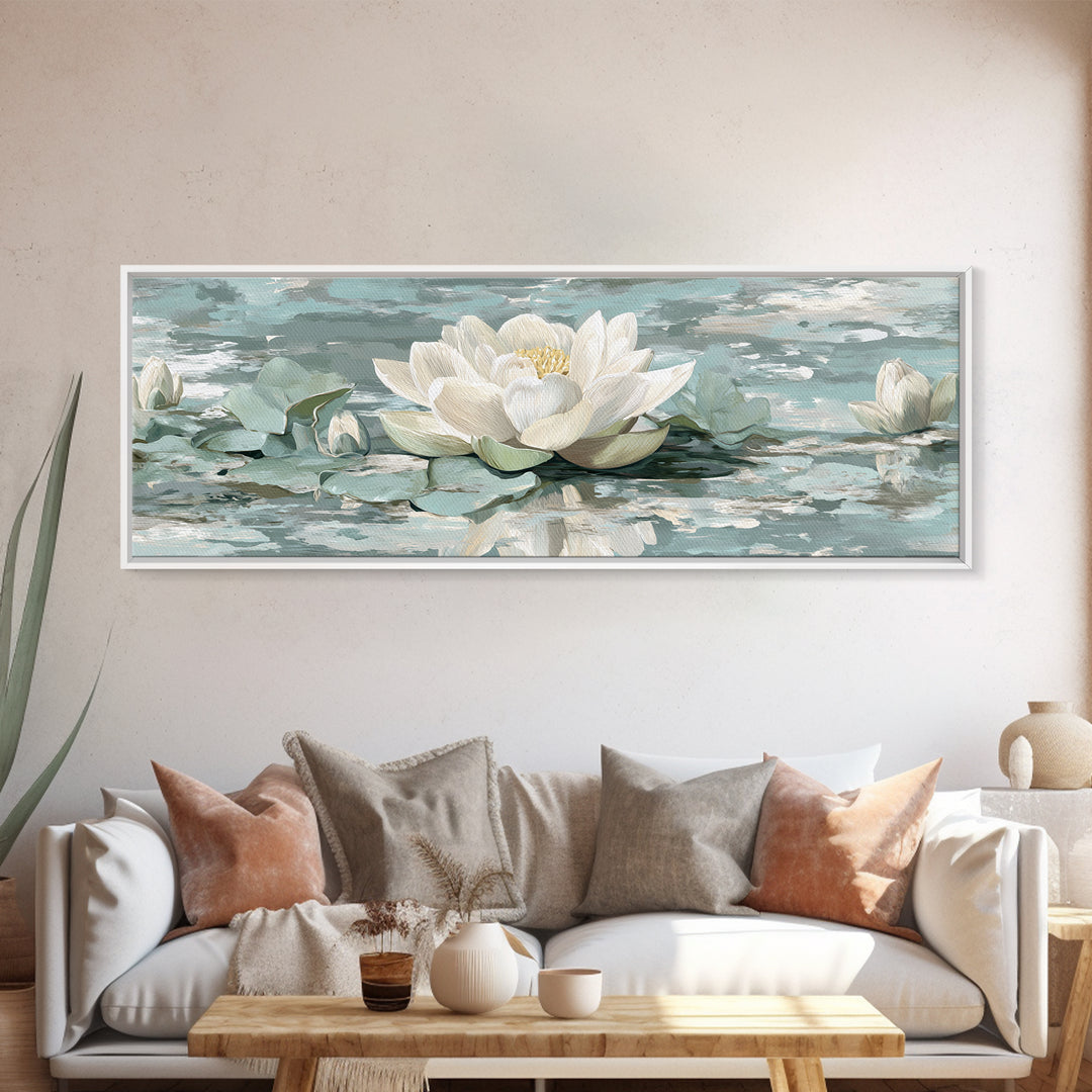 Lotus Flower Floating on Calm Water Framed Canvas Print, Bathroom Art, Fine Art Print, Bathroom Decor, Oil Painting, Spa, BAT-3x1-60