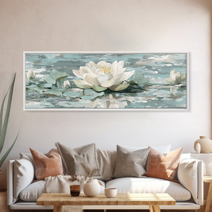 Lotus Flower Floating on Calm Water Framed Canvas Print, Bathroom Art, Fine Art Print, Bathroom Decor, Oil Painting, Spa, BAT-3x1-60