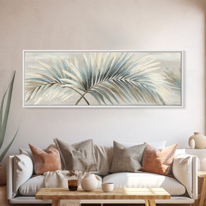 Simple Palm Frond on Off White Linen Framed Canvas Print, Bathroom Art, Boho Decor, Bathroom Decor, Abstract Art, Spa, BAT-3x1-63