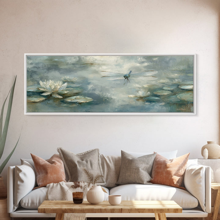 Delicate Dragonfly Above a Pond Surface Framed Canvas Print, Bathroom Art, Statement Artwork, Bathroom Decor, Fine Art, Spa, BAT-3x1-64