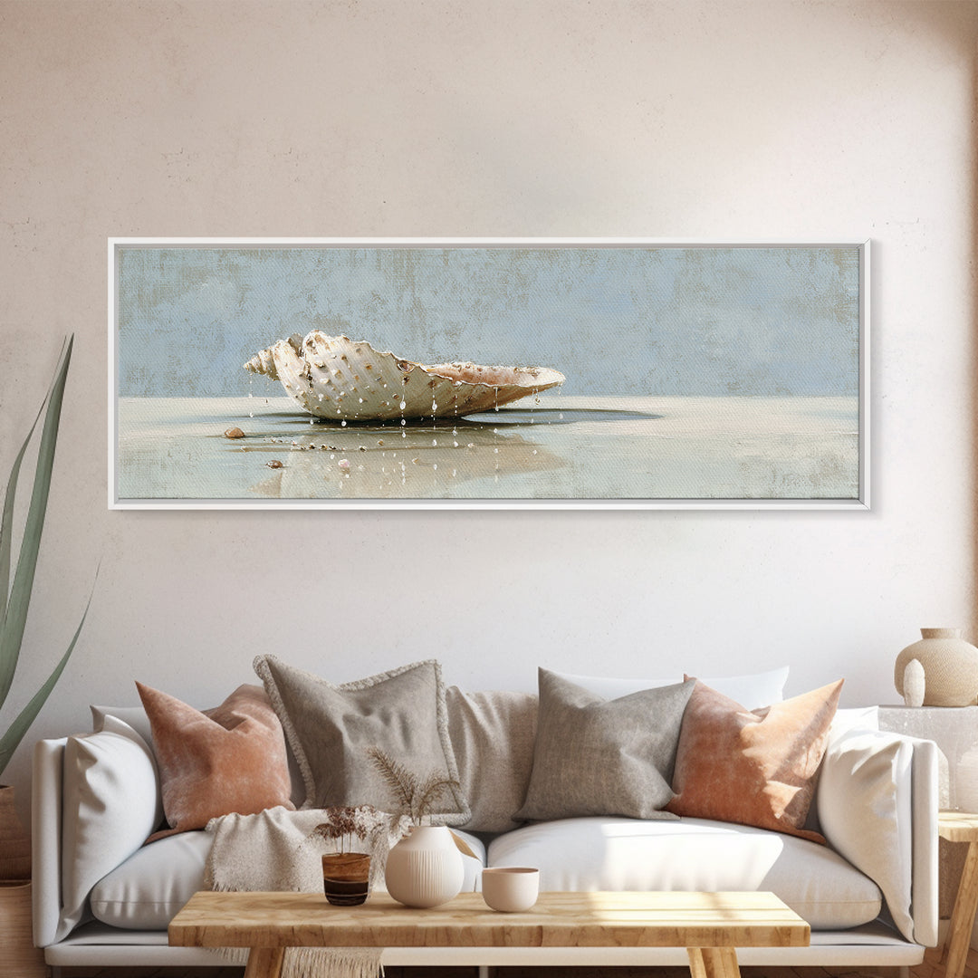 Minimal Seashell Still Life on Pale Sand Framed Canvas Print, Bathroom Art, Printable, Bathroom Decor, Abstract Art, Spa, BAT-3x1-67