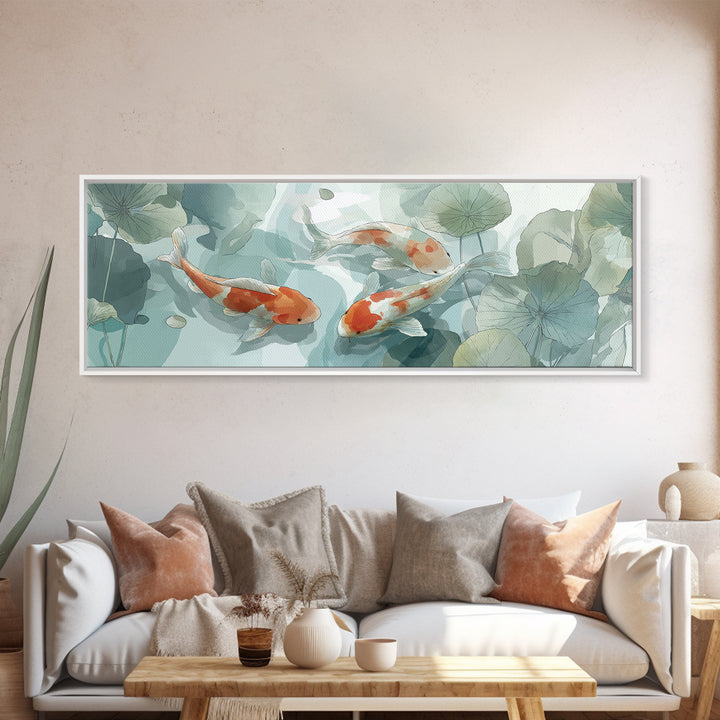 Minimal Koi Fish Swimming Through Clear Water Framed Canvas Print, Bathroom Art, Minimalist Decor, Bathroom Decor, Spa, BAT-3x1-72