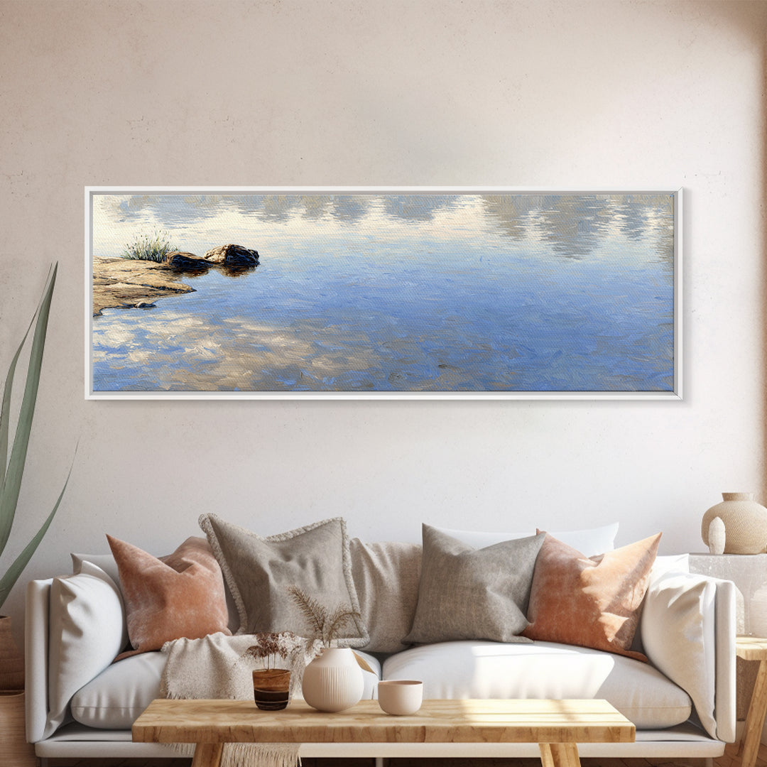 Misty Lake Scene Framed Canvas Print, Bathroom Art, Unique Wall Art, Bathroom Decor, Oil Painting, Spa, Gallery Decor, BAT-3x1-73