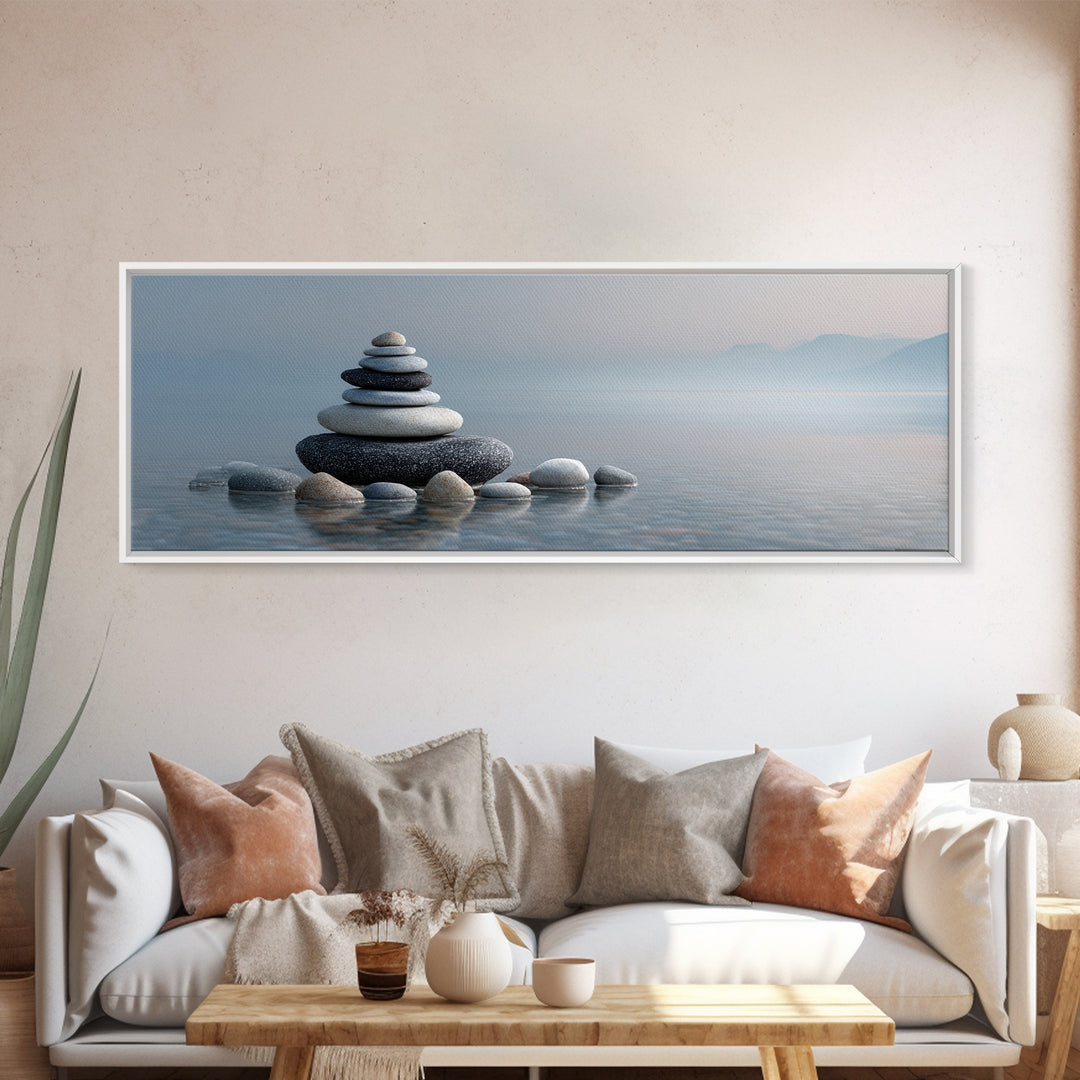 Monochrome Pebble Stack Framed Canvas Print, Bathroom Art, Canvas Wall Art, Bathroom Decor, Fine Art, Spa, Bathroom Wallpaper, BAT-3x1-77