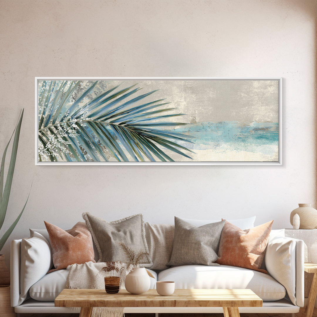 Simple Palm Frond on Off White Linen Framed Canvas Print, Bathroom Art, Digital Art, Bathroom Decor, Abstract Art, Spa, BAT-3x1-87