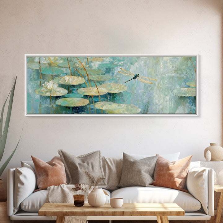 Delicate Dragonfly Above a Pond Surface Canvas Print, Bathroom Art, Textured Painting, Bathroom Decor, Oil Painting, Spa, BAT-3x1-88
