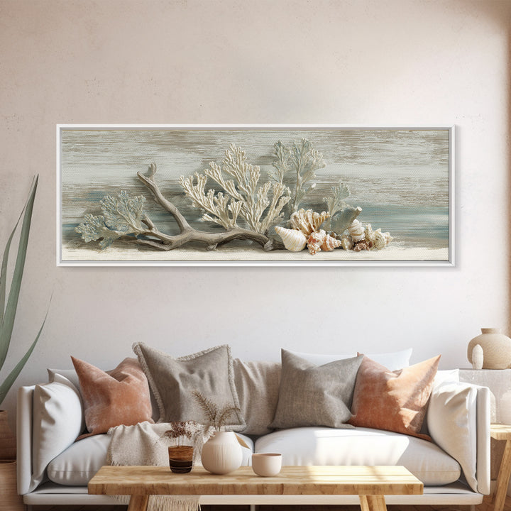 Coral and Shell Arrangement Framed Canvas Print, Bathroom Art, Wall Decor, Bathroom Decor, Fine Art, Spa, Contemporary Art, BAT-3x1-99