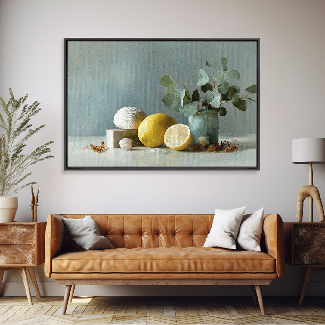 Lemon and Botanical Still Life Framed Canvas Print, Bathroom Art, Digital Wall Art, Bathroom Decor, Oil Painting, Spa, BAT-3x2-10