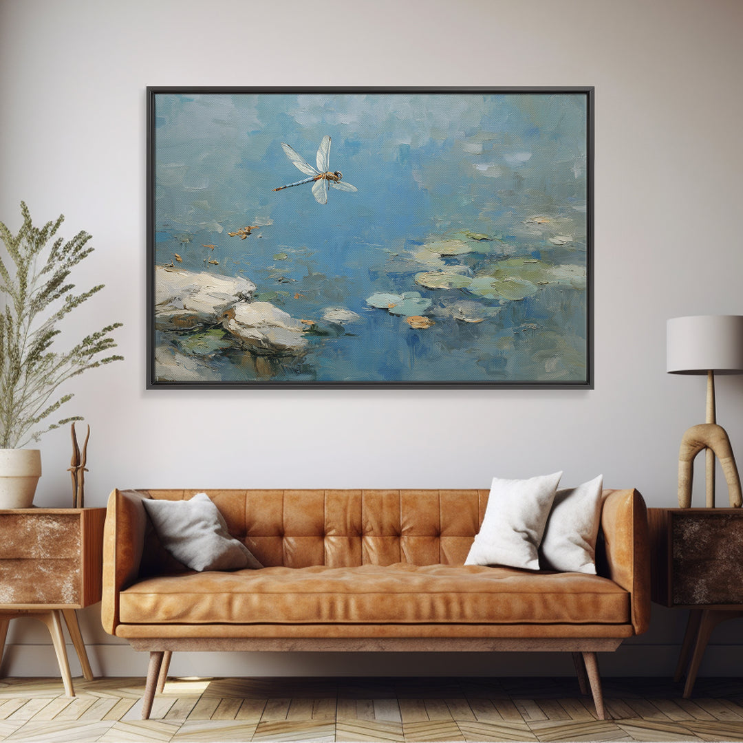 Delicate Dragonfly Above a Pond Surface Framed Canvas Print, Bathroom Art, Bathroom Art Decor, Bathroom Decor, Oil Painting, BAT-3x2-100
